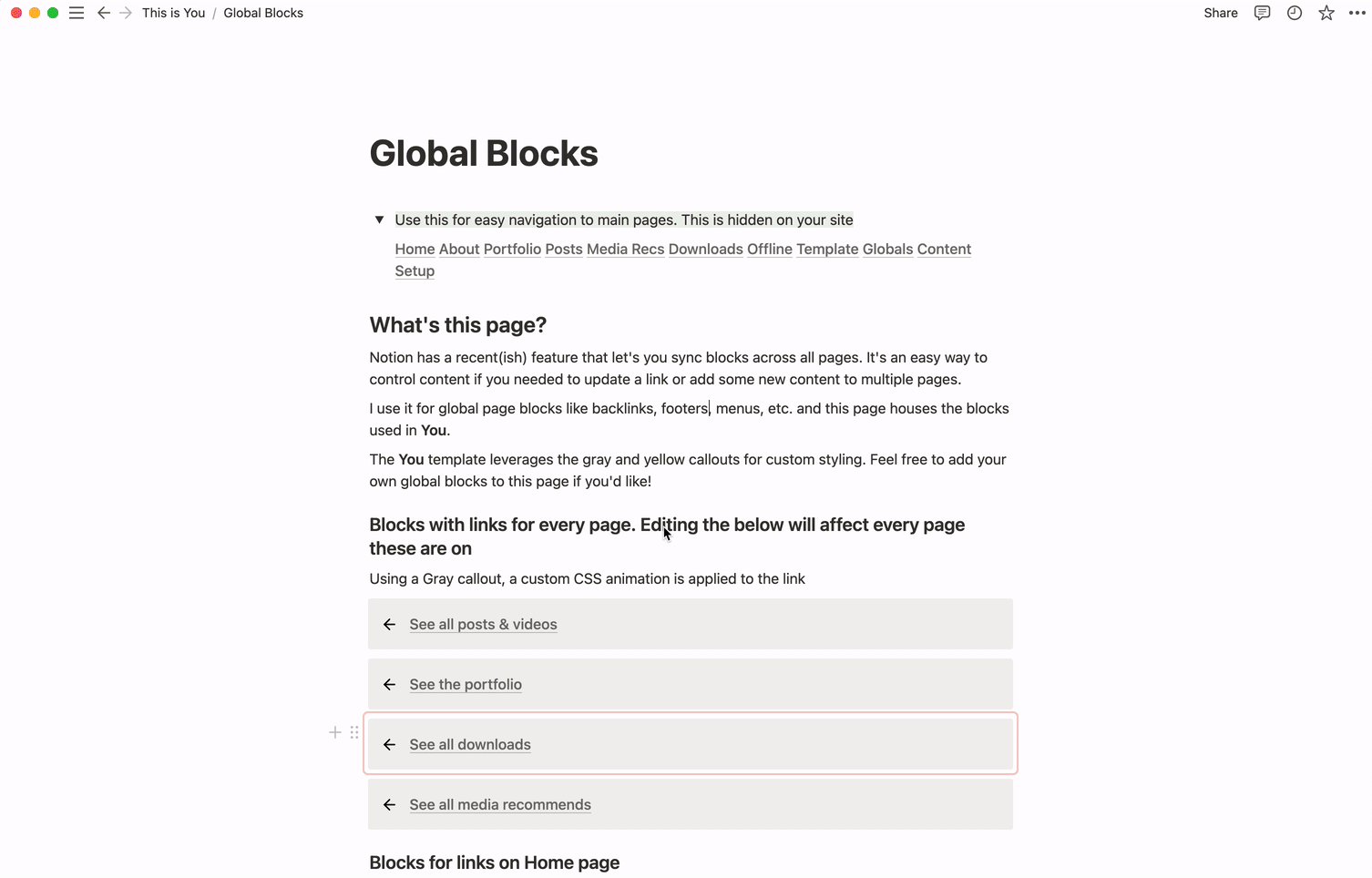 Global blocks in action in Notion