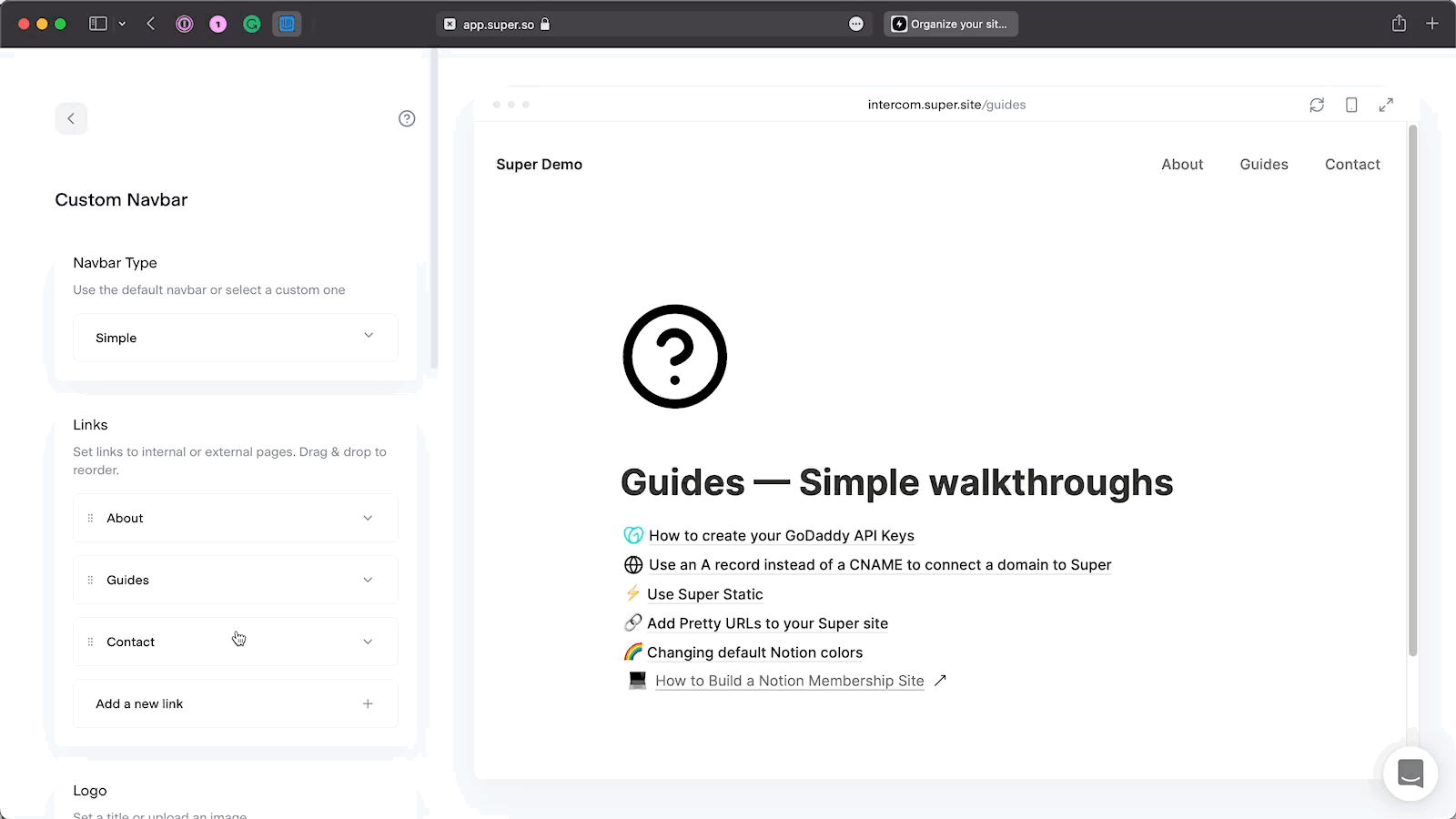 populating notion navigation bar with new pages