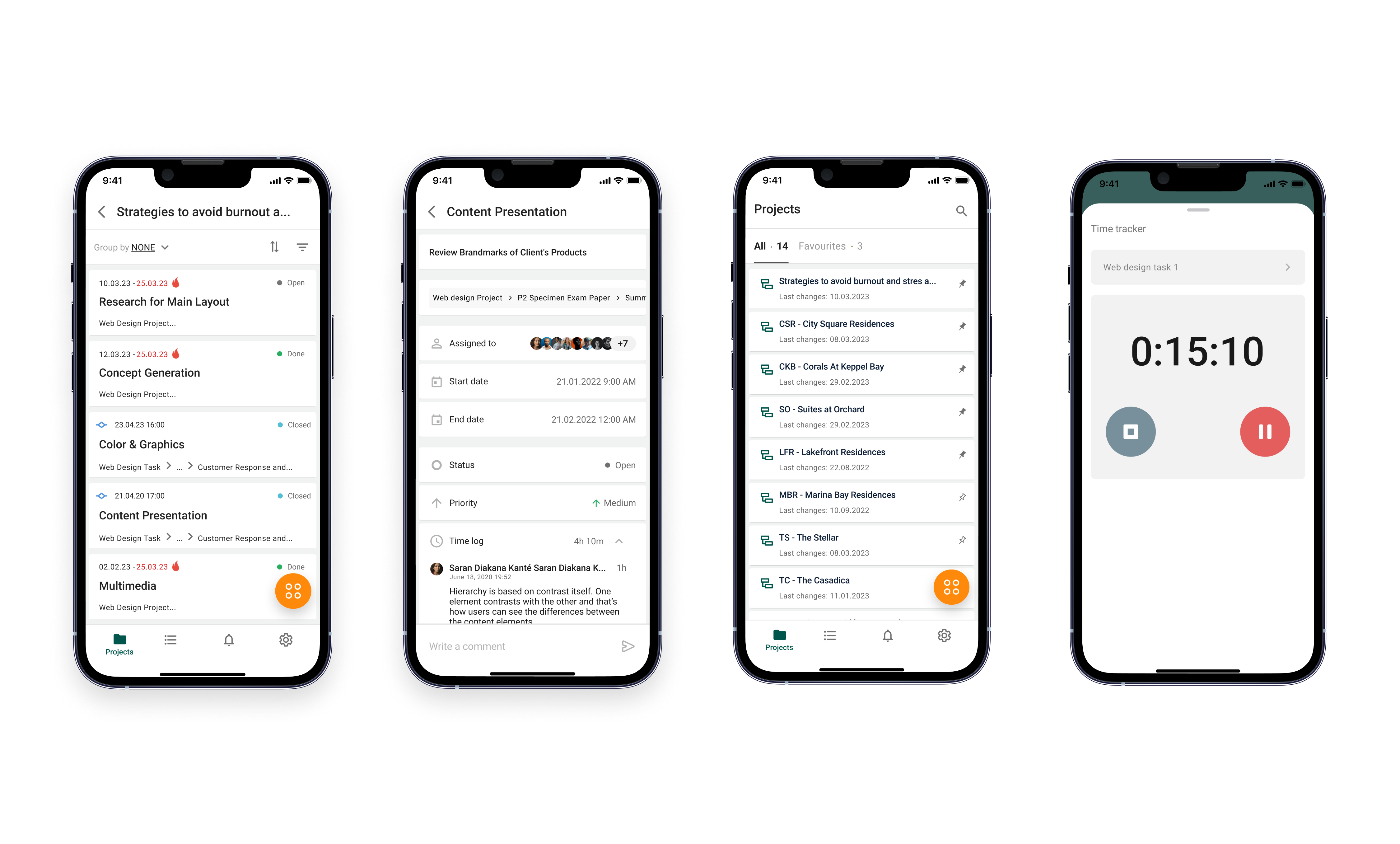 Final iOS & Android screens — task management, time logging, attachments, notifications