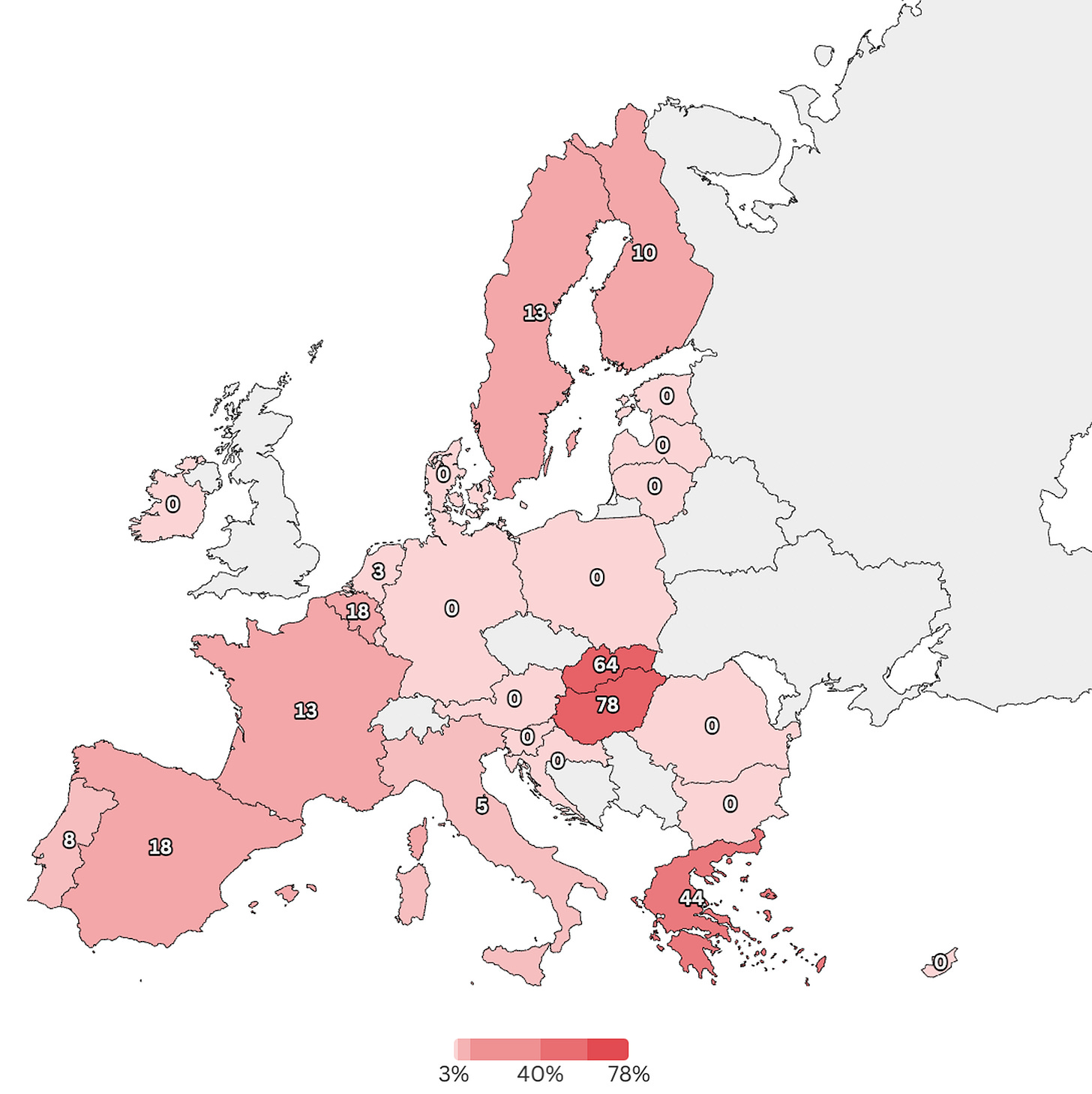 Dépendance énergétique des États membres au gaz russe, en 2023, en % de la consommation intérieure brute. Source : Eurostat.
