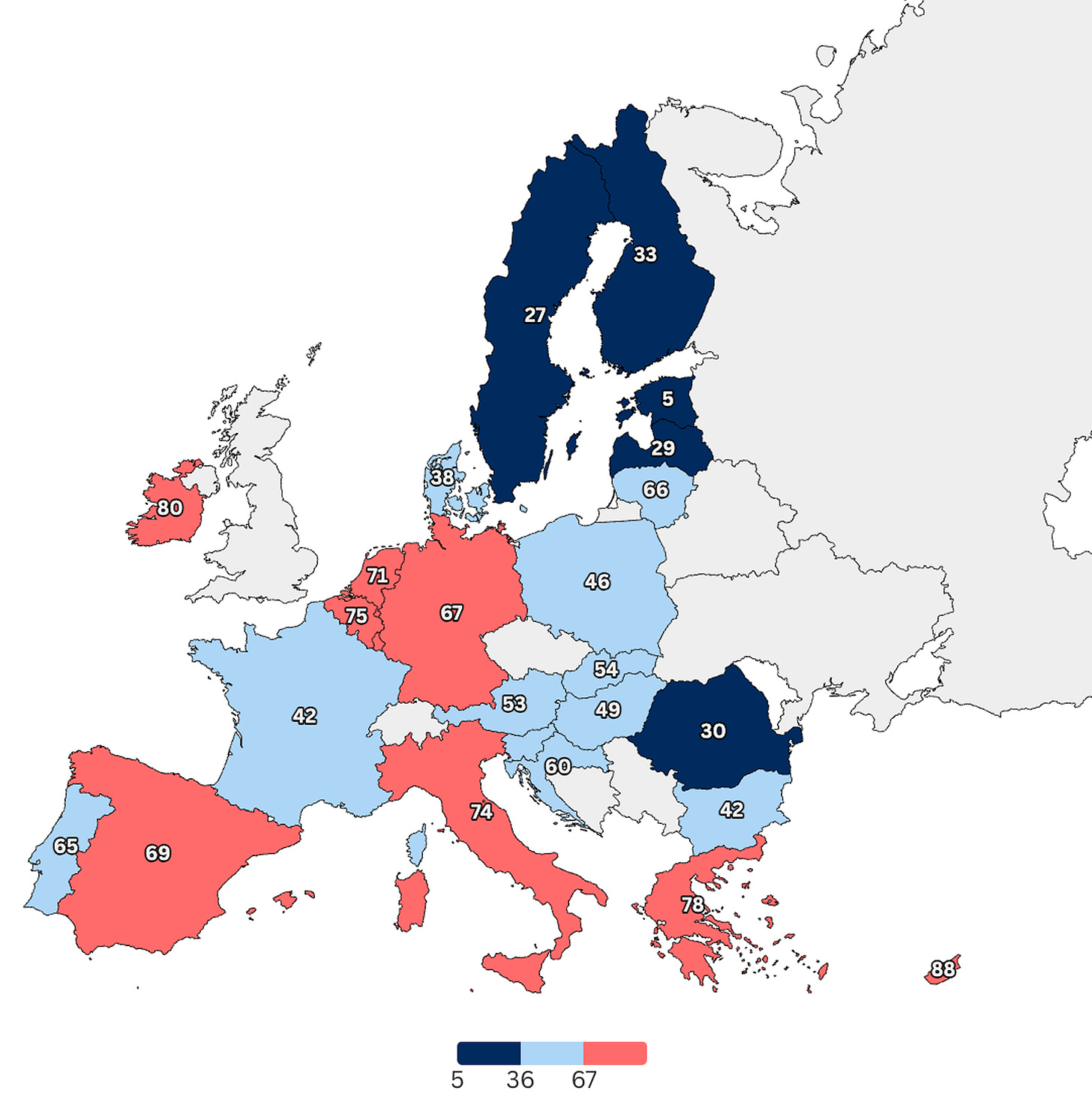 Dépendance aux importations énergétiques de l’Union Européenne en % de la consommation intérieure brut, par pays. Source : Eurostat.
