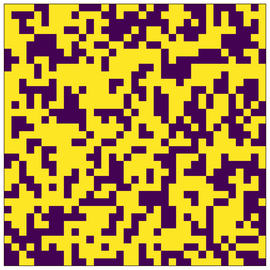 Evolution of an L=35 lattice at low temperature. The multi-agent system is in the ordered phase and aligns itself after a few dozen steps.