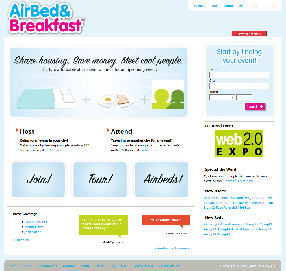 La première version du site Airbnb en août 2008 !