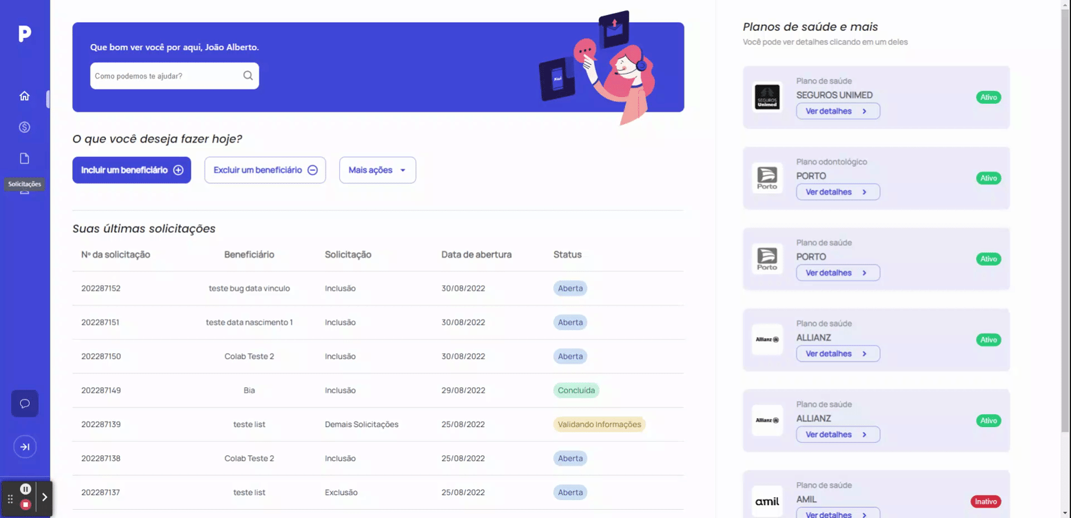 Inclusão pela pagina de solicitações