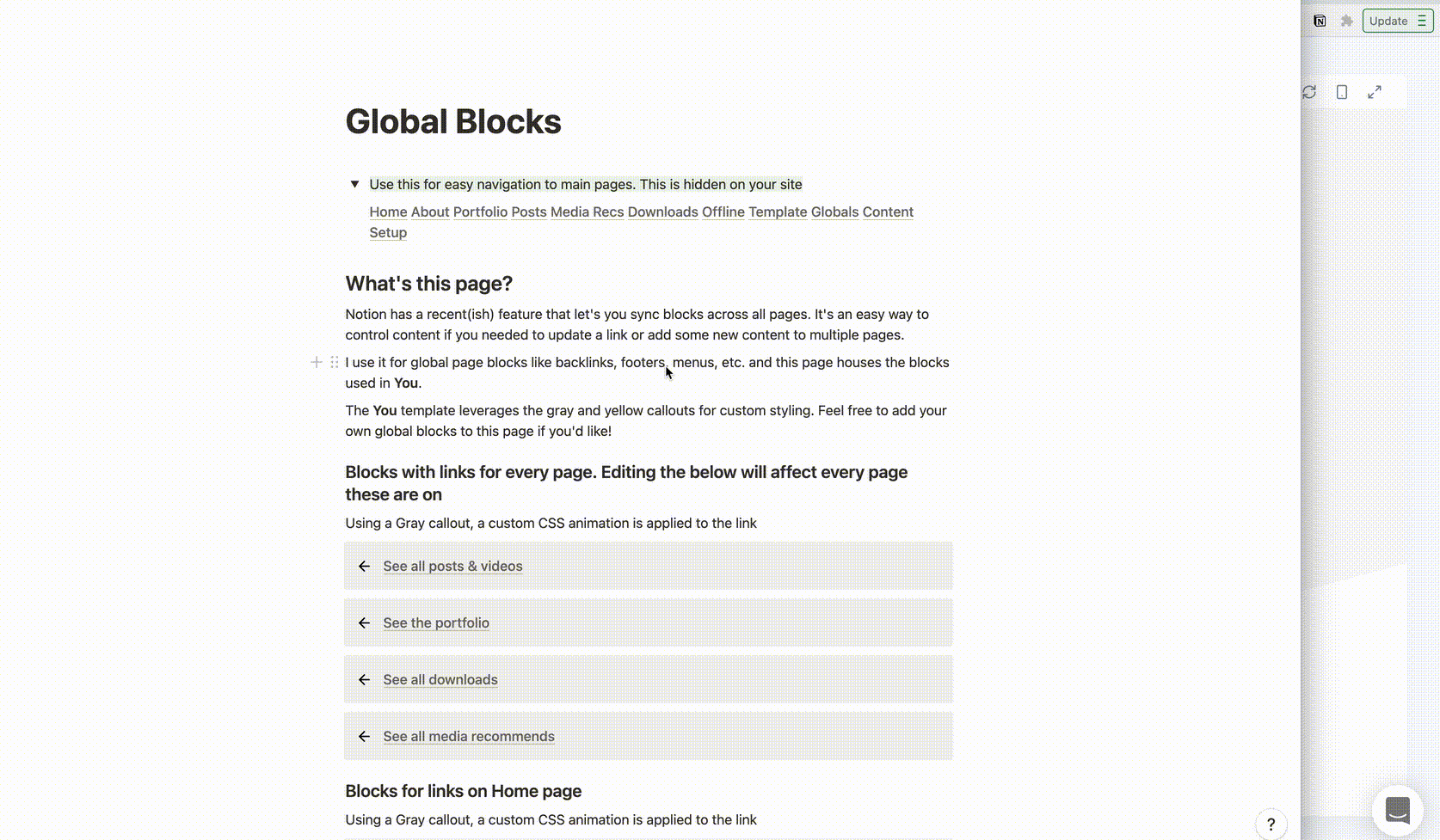 The Globals page in the You template