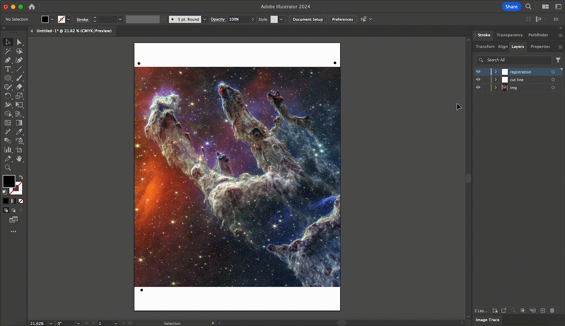 an animation of Illustrator showing the three layers being selectively hidden, demonstrating that the three features (image, registration dots, cut line) live on the correct layers.