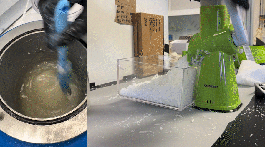 We added fumed silica to various waxes (beeswax, paraffin, and soy), forming a yield-stress gel. Shaving it down, we intended to extrude it using a pellet extruder. This ultimately did not work! The wax flakes were too soft and sticky, causing jamming before the material could reach the auger.