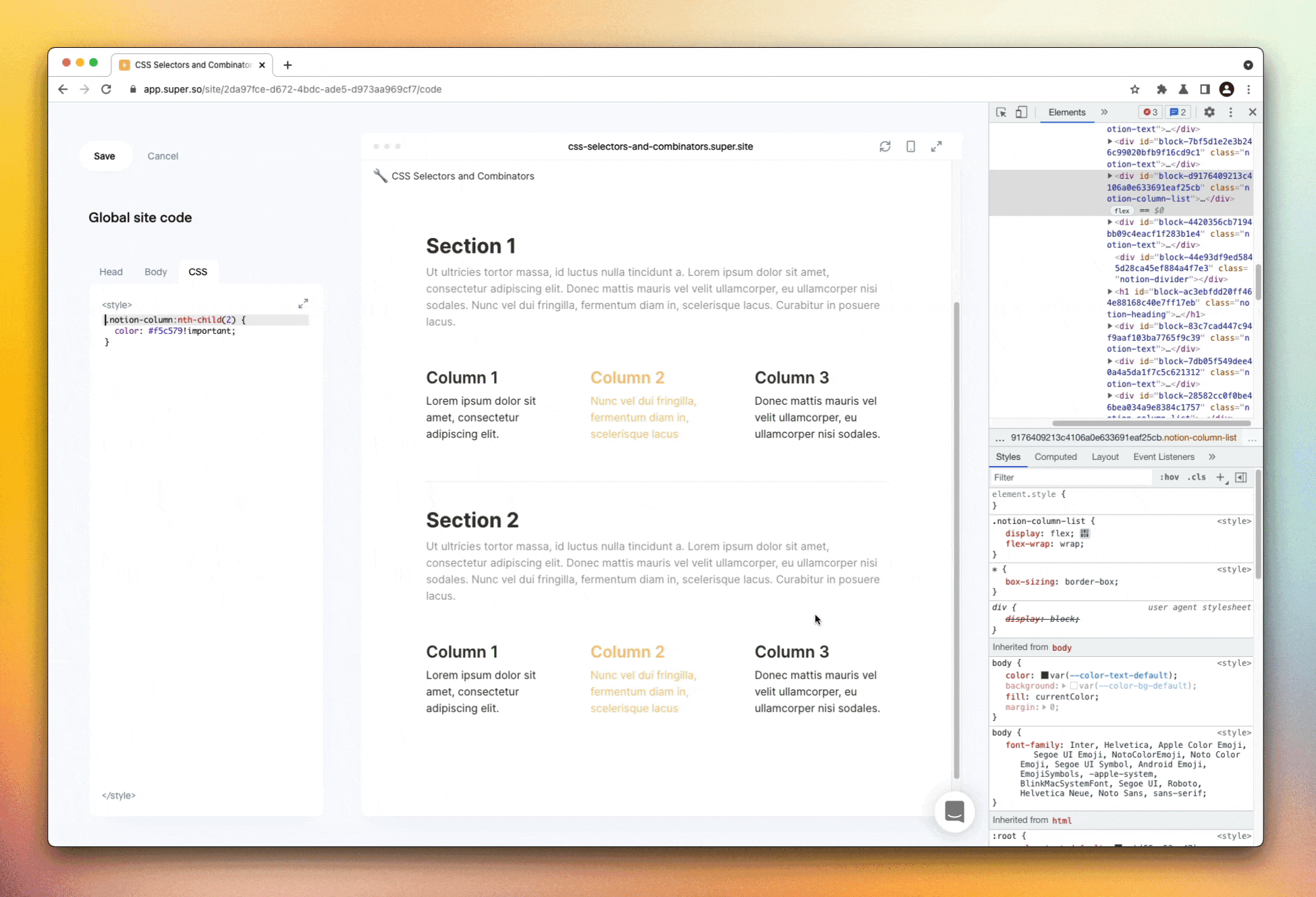 Targeting the last row of columns